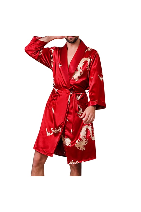 Men's Satin Robe Dragon Luxurious Silk Spa Long Sleeve House Kimono Bathrobe Red L