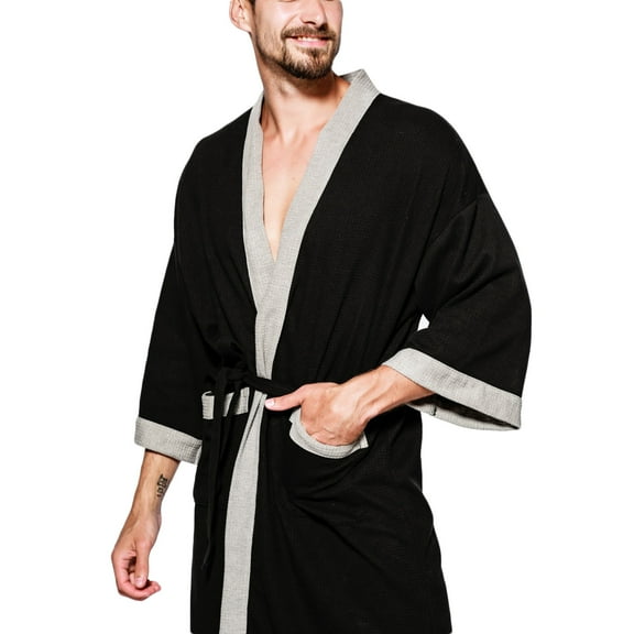 Tao Tao Men's Turkish Cotton Bathrobe Waffle Kimono Terry Cloth Hotel Spa Robes Black M