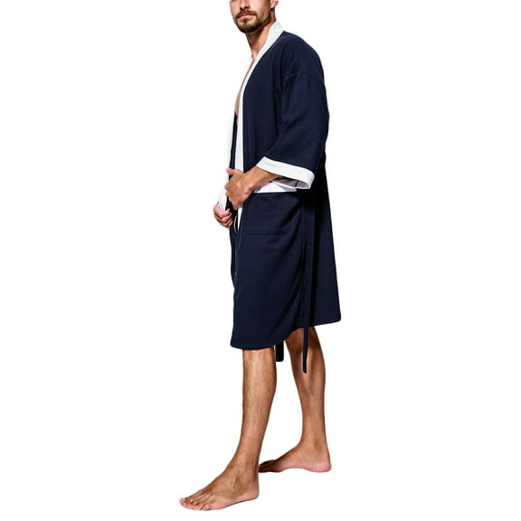 Tao Tao Men's Turkish Cotton Bathrobe Waffle Kimono Terry Cloth Hotel Spa Robes Navy XL