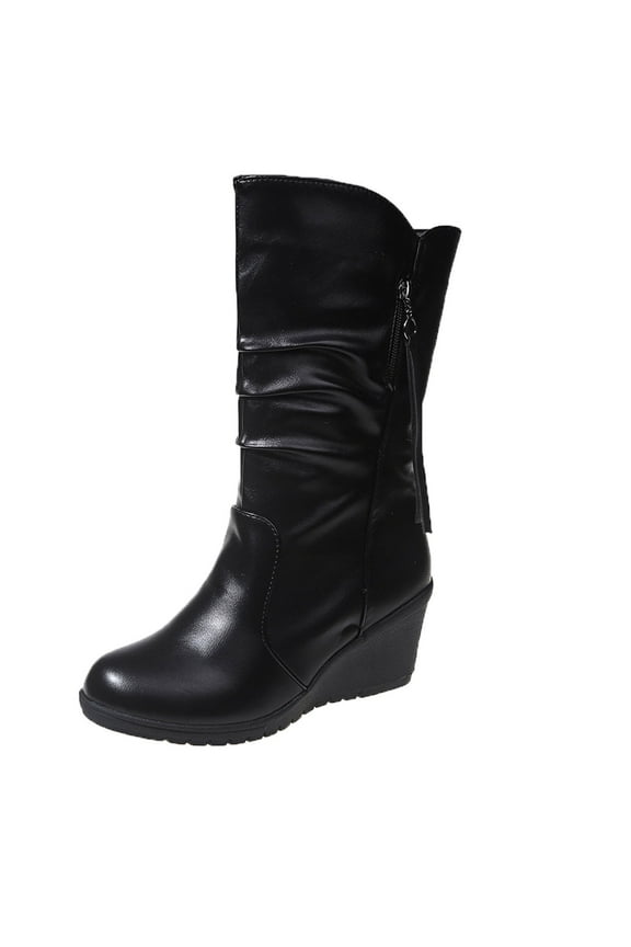 Mid Calf Boots For Women,Waterproof Leather Wedge Heels Boots Zipper Easy On Boots Classic Motorcycle Boots Comfy Calf Wide Width Winter Walk Shoes Black 35