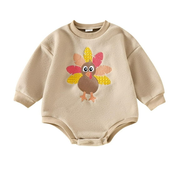 Tao Tao Newborn Baby Boy Girl Thanksgiving Outfit Turkey Embroidery Sweatshirt Romper Oversized Bubble Romper Bodysuit Beige 9 Months