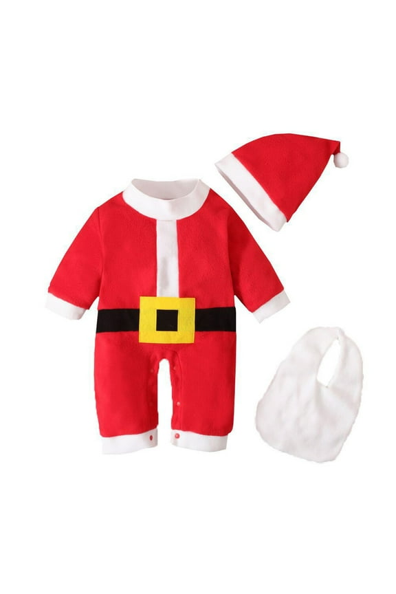 Newborn Baby Christmas Outfit with Hat, My 1st Christmas Girl Boy Long Sleeve Elf Santa Romper Jumpsuit Clothes Set Red 3 Months