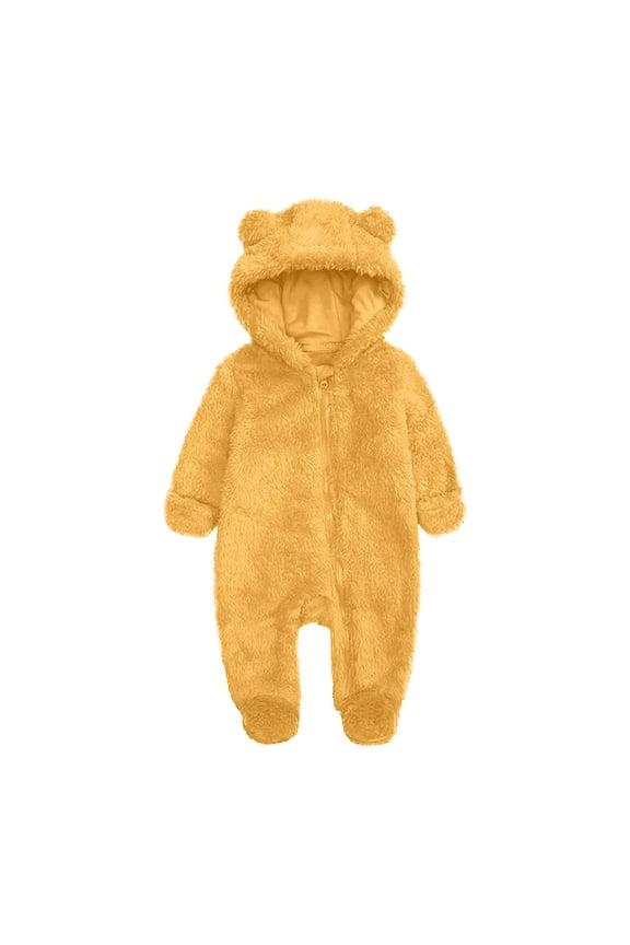 Newborn Baby Fleece Footie Snowsuit Winter Onesie Cartoon Bear Warm Hooded Outfits for Girls Boys Yellow 3 Months