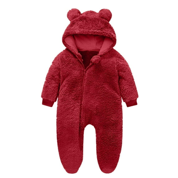 Tao Tao Newborn Baby Jumpsuit Hooded Fleece Rompers Long Sleeve Onesies Outwear Outfits Solid Color Hooded Jumpsuit Red 6 Months