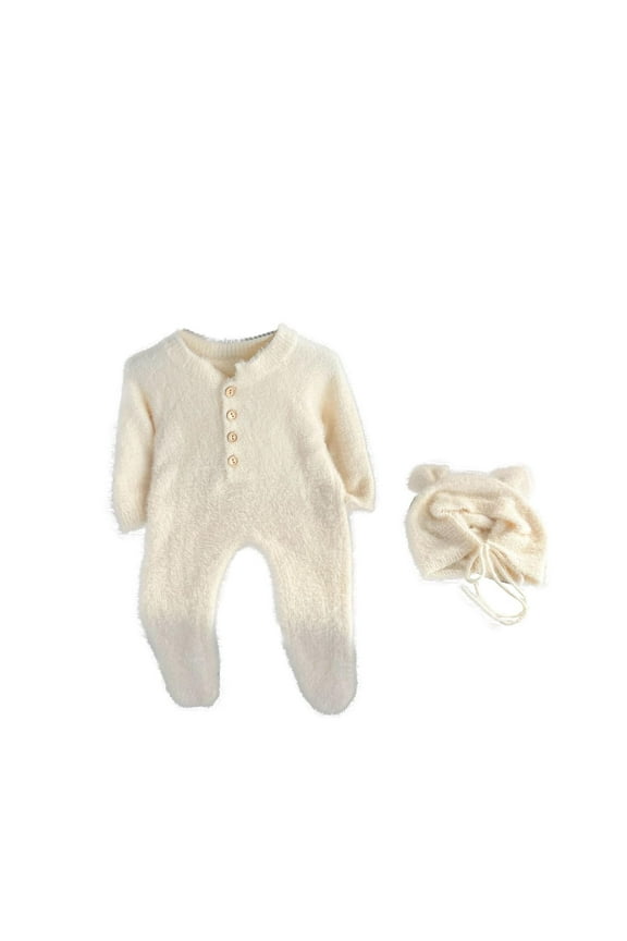 Newborn Photography Outfits, 2 Pcs Infant Photo Clothes Knitted Hat Footed Romper Newborn Boys Girls White 9 Months