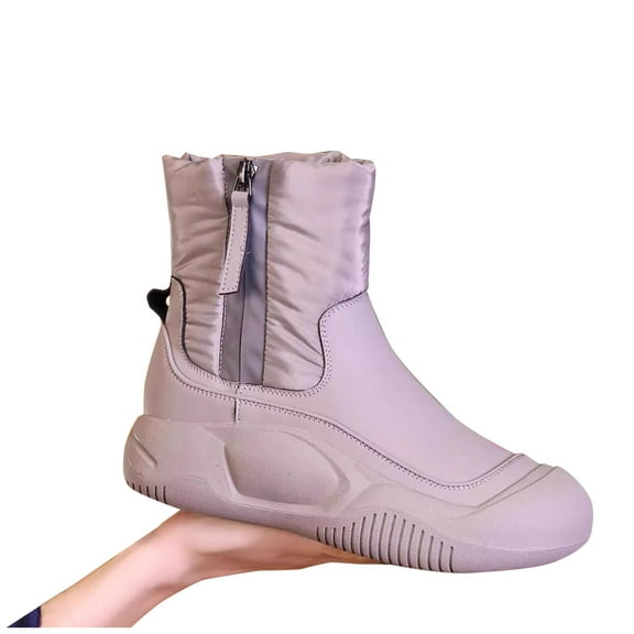 Tao Tao Padded Boots Made from Thickened Leather with Zip Up Anti Slip Snow Boots,Warm Plush Lined Round Toe Mid Calf Boots Gray 36