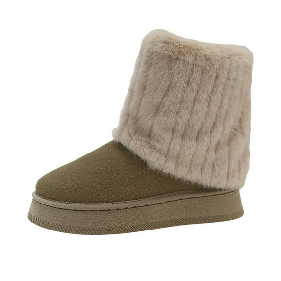 Tao Tao Platform Fur Boots For Women Genuine Cow Suede Platform Furry Faux Fur Boots Fuzzy Lined Ankle Boots, Warm Winter Classic Short Mini Bootie,Anti-slip Sole Khaki 40