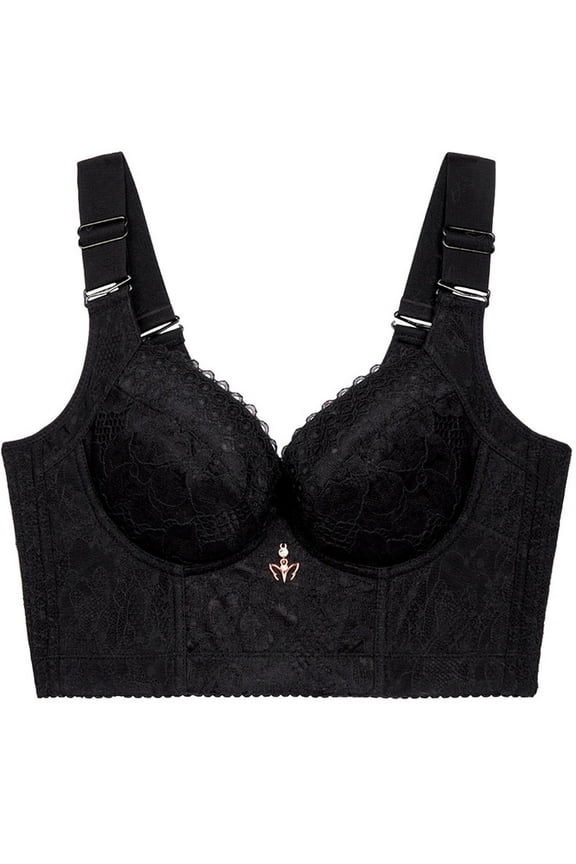 Plus Size Lace Bra C Cup Wide Back Push Up Brassiere No Steel Close Bra for Women Black 32F