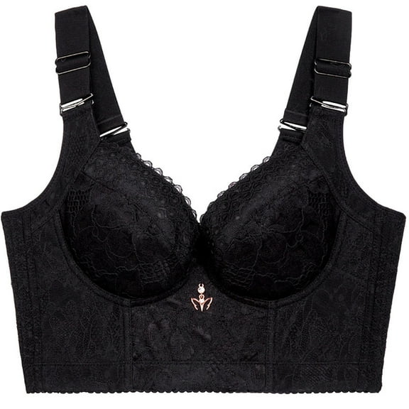 Tao Tao Plus Size Lace Bra C Cup Wide Back Push Up Brassiere No Steel Close Bra for Women Black 36D