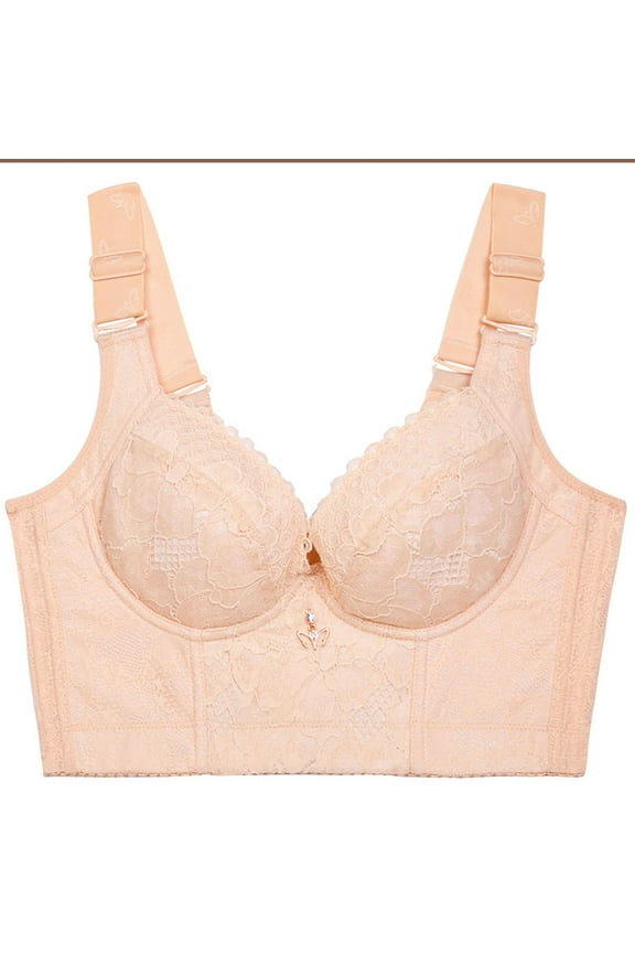 Plus Size Lace Bra C Cup Wide Back Push Up Brassiere for Women Beige 34A