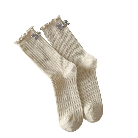 Tao Tao Ruffle Socks Women - Turn-Cuff Frilly Sock - Lightweight Cotton Socks Beige Free Size