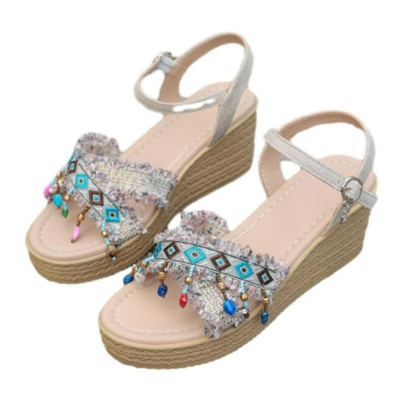 Tao Tao Sandals For Women Dressy Summer Flat Casual Summer Bohemian Lace Flower Sandal Comfortable Elastic Ankle Strap Beach Shoes White 42