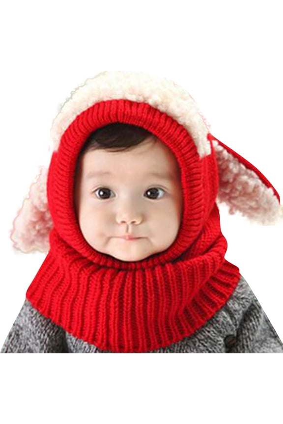 Scarf Woolen Earflap Hood Warm Skull Knit Caps，Crochet Earflap Pilot Hats Beanie Cap for Toddlers Baby Girls and Boys Red Free Size