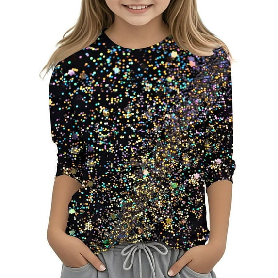 Tao Tao Sequin Tops For Girls Boys 3/4 Sleeve Shirt,Sequin Tops Party Night Glitter Sparkly Fit Dressy Blouse Crew Neck T Shirt Black 4 Years