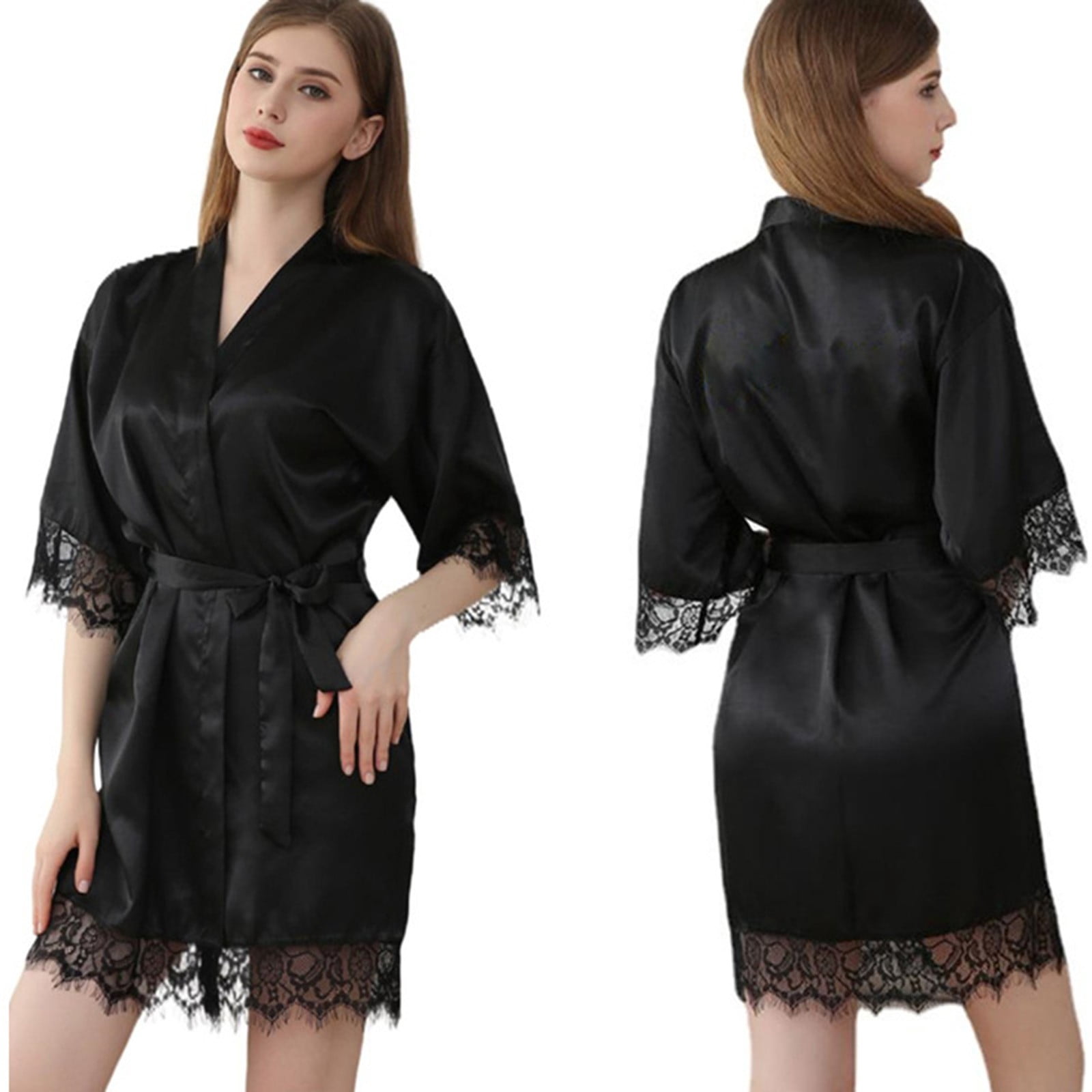 Tao Tao Silk Robes For Women Short Satin Sleepwear with Lace Trim ...