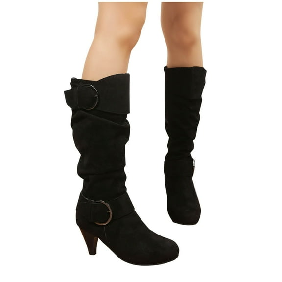 Tao Tao Slouchy Knee High Boots Women Fall Boots For Women Buckle Strap Kitten Heel Suede Winter Boots Long Tall Dress Boots Black 36