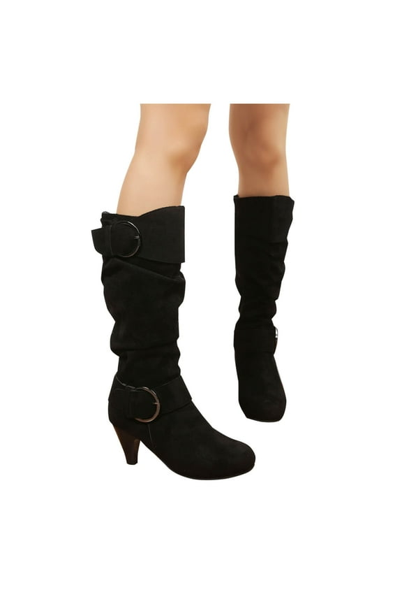 Slouchy Knee High Boots Women Fall Boots For Women Buckle Strap Kitten Heel Suede Winter Boots Long Tall Dress Boots Black 41