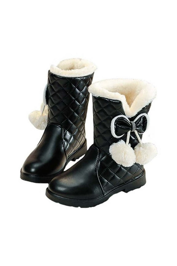 Snow Boots For Girls Chunky Short Boots Solid Color Ankle Boots With Balls For Toddler Girls Winter Warm Walking Shoes Black 27