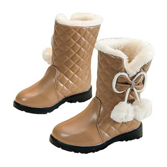Tao Tao Snow Boots For Girls Chunky Short Boots Solid Color Ankle Boots With Balls For Toddler Girls Winter Warm Walking Shoes Khaki 35
