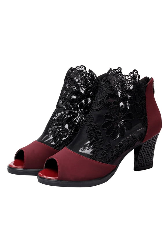 Summer Mesh Peep Toe Sandals Sexy Heels Single Shoes Women in Spring Pumps Gauze Mujer Platform Burgundy 43