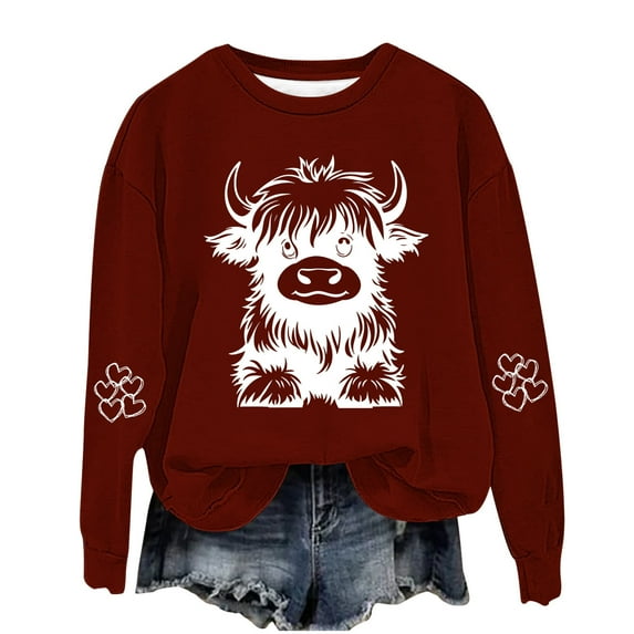 Tao Tao Sweatshirt For Toddle Boys Girls Cute Funny Cow Graphic Sweatshirt Crew Neck Long Sleeve Loose Fit Pullover Tops Western Sweatshirt Burgundy 9 Years