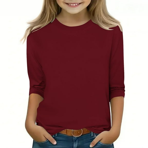 Tao Tao Teen Girls Casual 3/4 Sleeve T-Shirt Round Neck Cute Tops Basic Tees Blouses Loose Fit Pullover Solid Color Dressy Trendy Burgundy 140