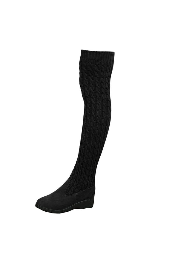 Thigh High Boots for Women, Winter Over Knee Boots, Fashion Knitted Thick Thigh Tigh Boot Leg Warmers Solid Color Anti Slip Shoes Black 36