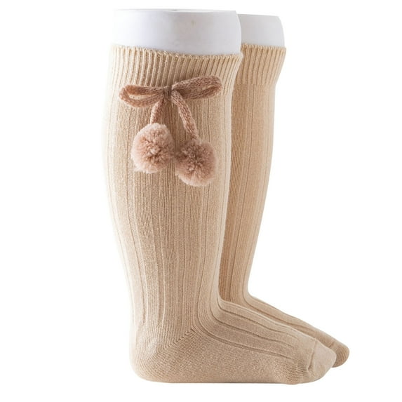 Tao Tao Toddler Baby Girls Knee High Socks Cute Velvet Bow Pom Poms Stockings Cozy Warm Cable Knit Winter Sock Khaki M
