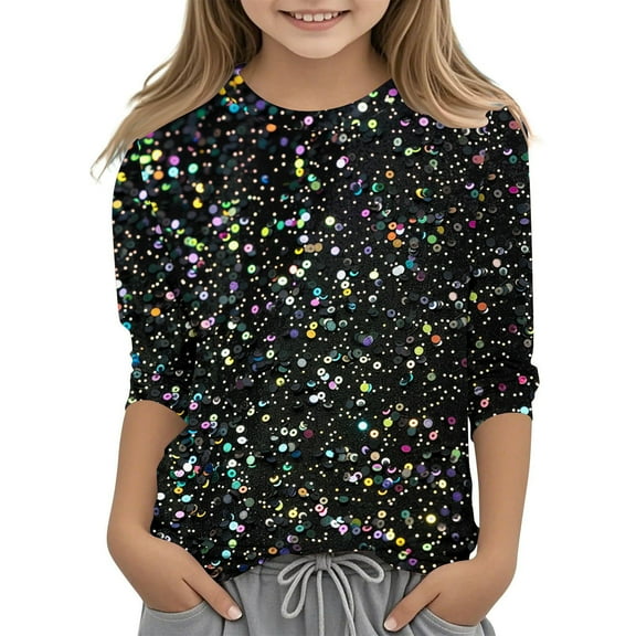Tao Tao Tops For Girls Boys Trendy Causal 3/4 Sleeve Crewneck Sparkle Sequin Shirts Dressy Glitter Blouses Loose Fit Pullover Tops Black 4 Years