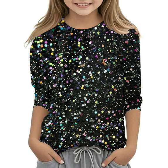 Tao Tao Tops For Girls Boys Trendy Causal 3/4 Sleeve Crewneck Sparkle Sequin Shirts Dressy Glitter Blouses Loose Fit Pullover Tops Black 7 Years