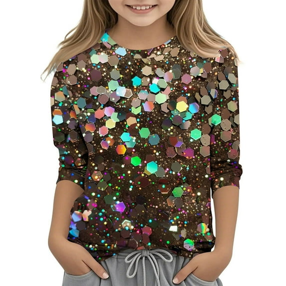 Tao Tao Tops For Girls Boys Trendy Causal 3/4 Sleeve Crewneck Sparkle Sequin Shirts Dressy Glitter Blouses Loose Fit Pullover Tops Coffee 9 Years