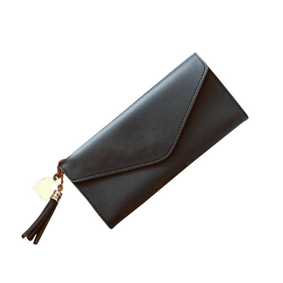 Tao Tao Trifold Wallet For Women, Long Slim Women’s Wallet Clutch With Heart Pendant Tassel, PU Leather Women's Wallets Card Holder, Coin Slot Black Free Size