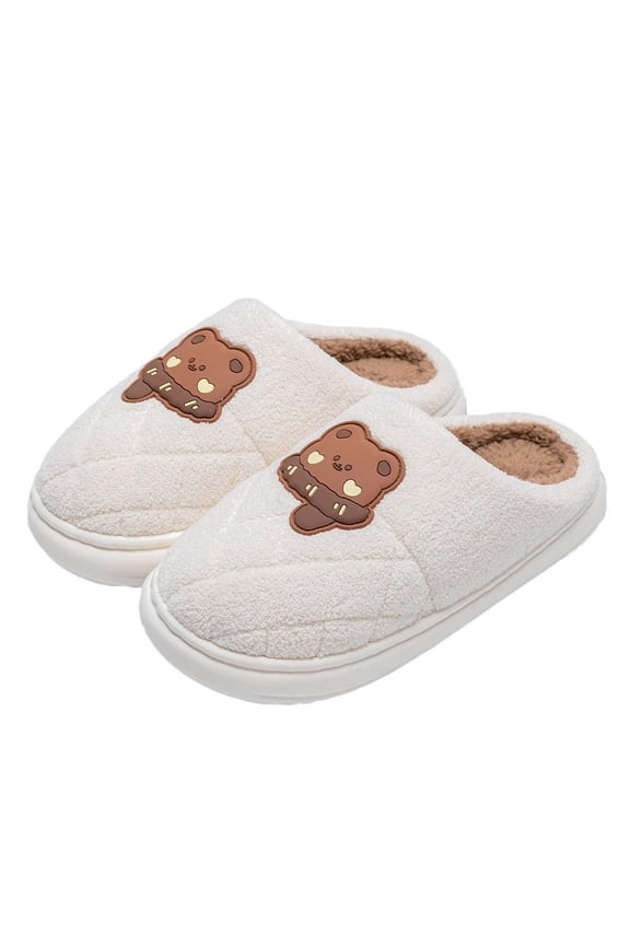 Unisex Cotton Bear Slippers Cute Fuzzy Slippers Plush Warm House Slippers Large Size Non Slip Close Toe Flat Bottom For Home Use White 38