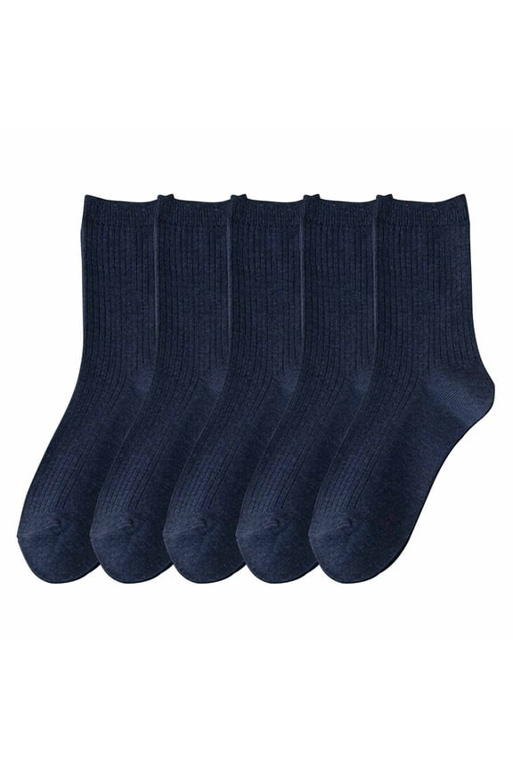 Unisex Cotton Socks,Soft Solid Color Bootie Socks Women Above Ankle Crew Socks (5-Pairs ) Navy Free Size