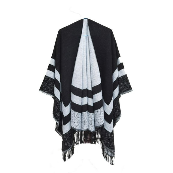 Tao Tao Unisex Front Open Cape Shawl Winter Cape Cape Shawl Striped Poncho Sweater Cozy Knit Fringe Shawl Wraps for Fall Winter Black Free Size