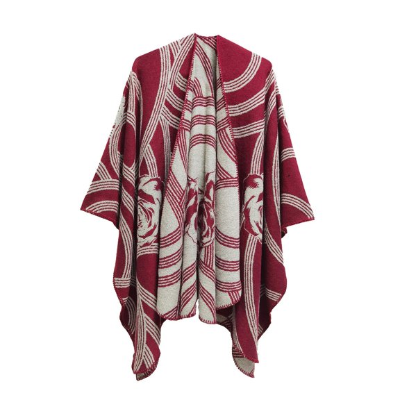 Tao Tao Unisex Retro Warm Shawls Poncho Cape Floral Printed Open Front Cardigans Sweater Red Free Size