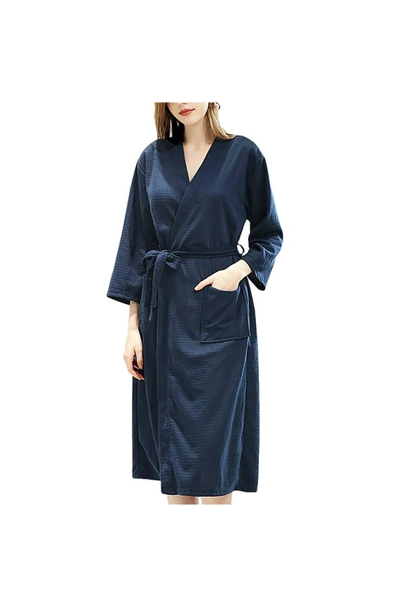Unisex Waffle Bathrobe Soft Lightweight Kimono Bath Robe Knee Length Sleeping Cozy Weave Spa & Bath Robes Navy M