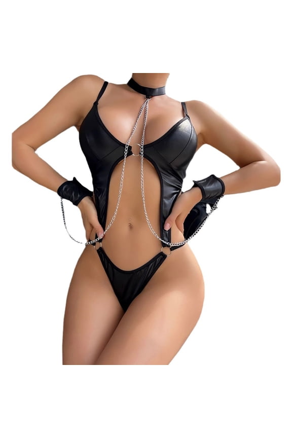 Valentine's Day Fashion Leather Bodysuit For Women With Choker Teddy Underwear Deep V One Piece Jumpsuit For Sex Naughty Black L