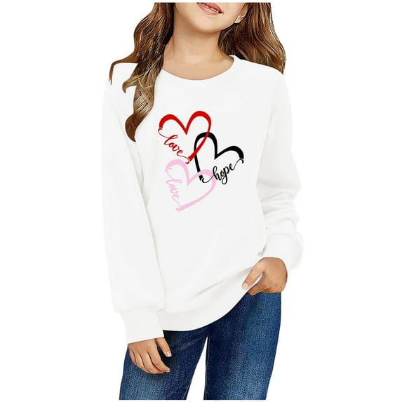 Tao Tao Valentine's Day Sweatshirt For Kids Boys Girls Heart Graphic Prints Crew Neck Long Sleeve Shirt Casual Pullover Tops White 7 Years