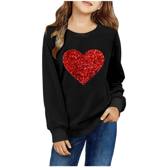 Tao Tao Valentine's Day Sweatshirt For Kids Boys Girls Red Love Heart Graphic Prints Crew Neck Long Sleeve Shirt Casual Pullover Tops Black 7 Years