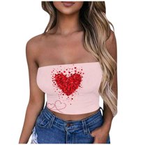Tao Tao Valentine's Day Women's Sleeveless Strapless Crop Tube Top Heart Prints Casual Cropped Bandeau Tops Pink XL