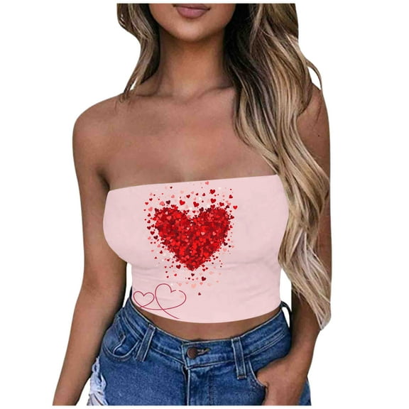Tao Tao Valentine's Day Women's Sleeveless Strapless Crop Tube Top Heart Prints Casual Cropped Bandeau Tops Pink XL