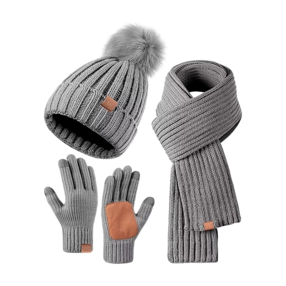 Tao Tao Winter Beanie Hat Scarf Gloves Set for Women, Womens Beanie with Pom Pom Long Scarf Neck Warmer Touchscreen Gloves 3 in 1 Set Gray Free Size