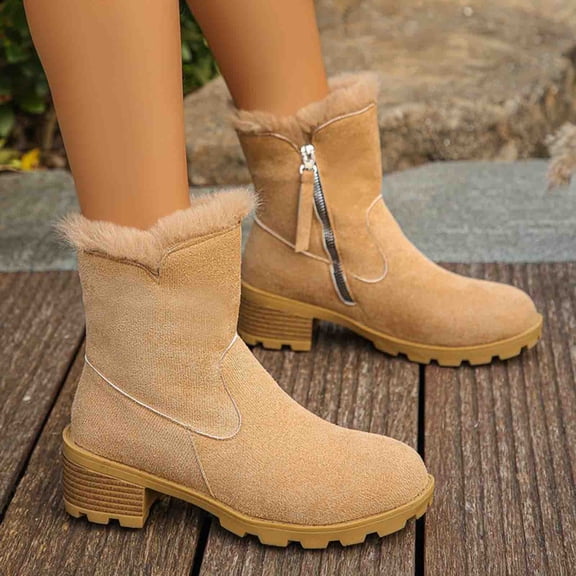 Tao Tao Winter Womens Boots Platform Fur Lined Plush Warm Snow Boots Outdoor Side Zipper Anti Slip Trendy Womens Boots Khaki 36