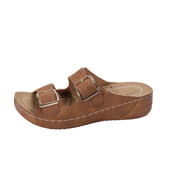 Tao Tao Women Casual Slides 2-Strap Adjustable Buckle Slip On Flat Sandals Brown 37