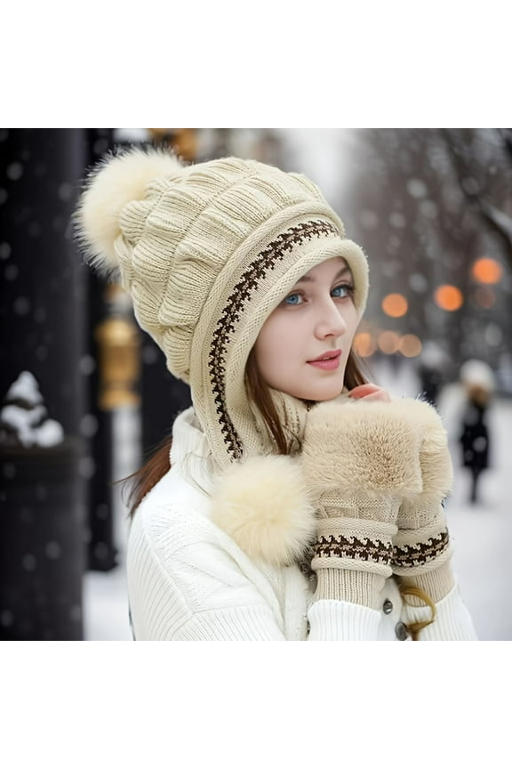 Women Cute Knitted Beanie Hat Gloves Sets Faux Fur Gloves Ear Warmer Pompom Winter Fleece Lined Gloves Cap Hats Beige Free Size