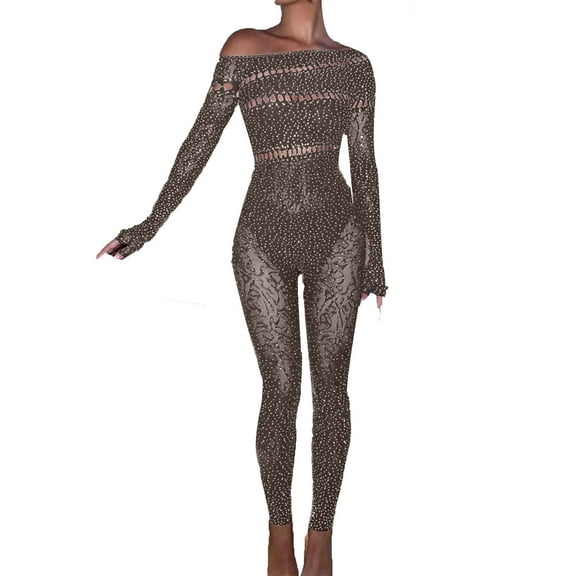 Tao Tao Women Fashion mesh rhinestone jumpsuit long sleeve see-through jumpsuit high stretch Body stockings club outfit Coffee Free Size