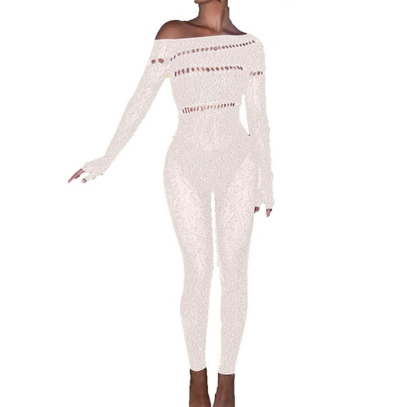 Tao Tao Women Fashion mesh rhinestone jumpsuit long sleeve see-through jumpsuit high stretch Body stockings club outfit White Free Size