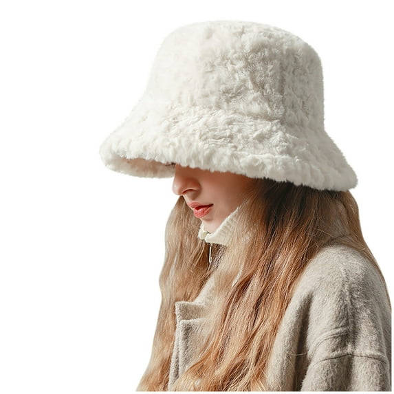 Tao Tao Women Faux Fur Bucket Hat, Fuzzy Furry Winter Warm Fisherman Cap, Fluffy Teddy Sherpa Clothe Hats White Free Size