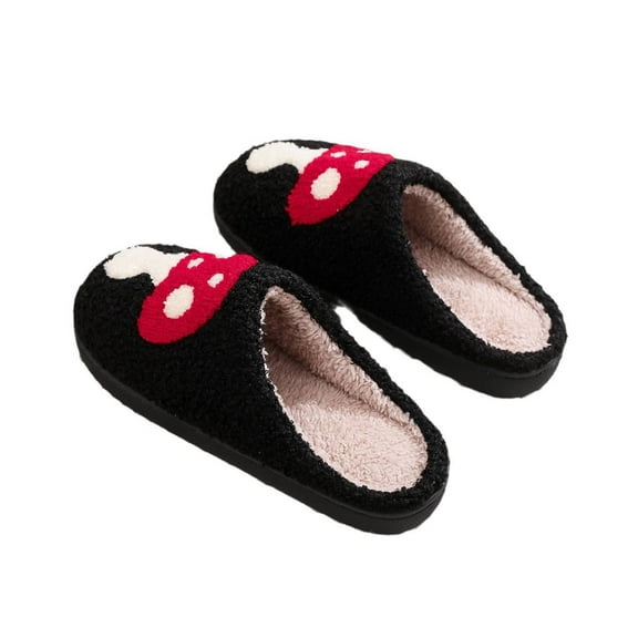 Tao Tao Women Fuzzy Mushroom Prints Slipper Soft Plush Comfy Winter Warm Slip-On Couple Slippers Women Men Non-slip Fuzzy Flat Slides Black 38